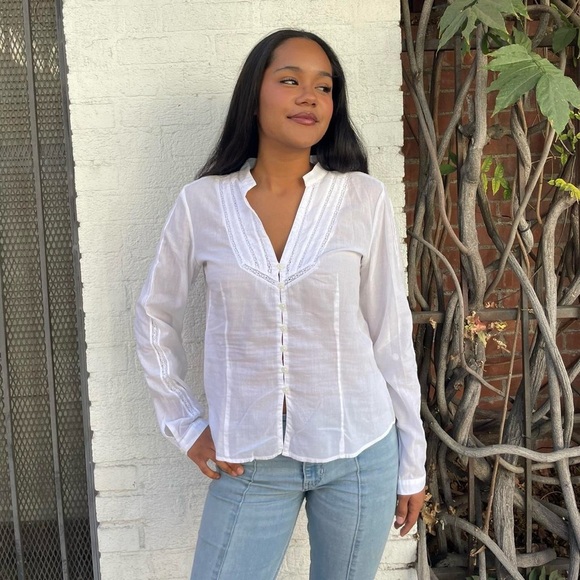 Bohemian White cotton long sleeve button up shirt with lace details size m - Picture 3 of 6